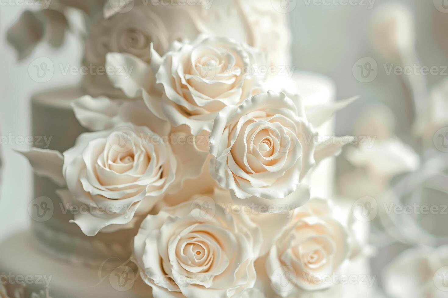 A close up of a white wedding cake with roses photo