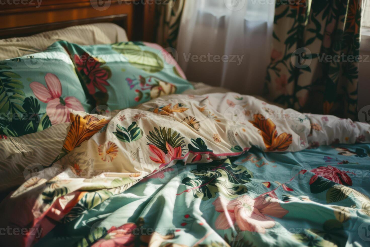 A bed with a floral print comforter and pillows photo