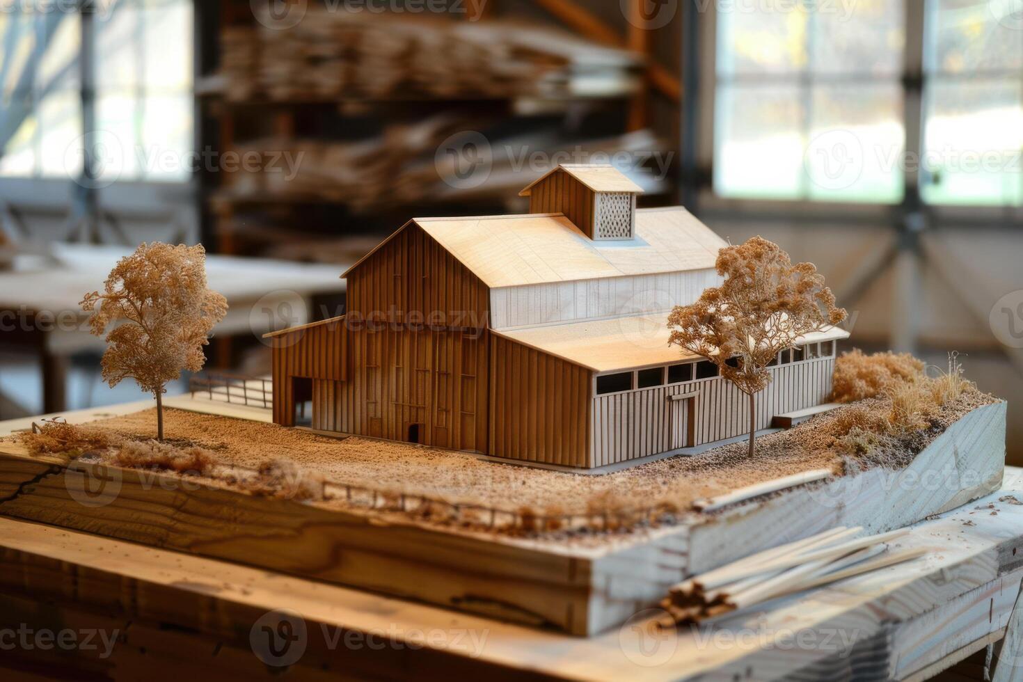 A model of a barn on display in a workshop photo