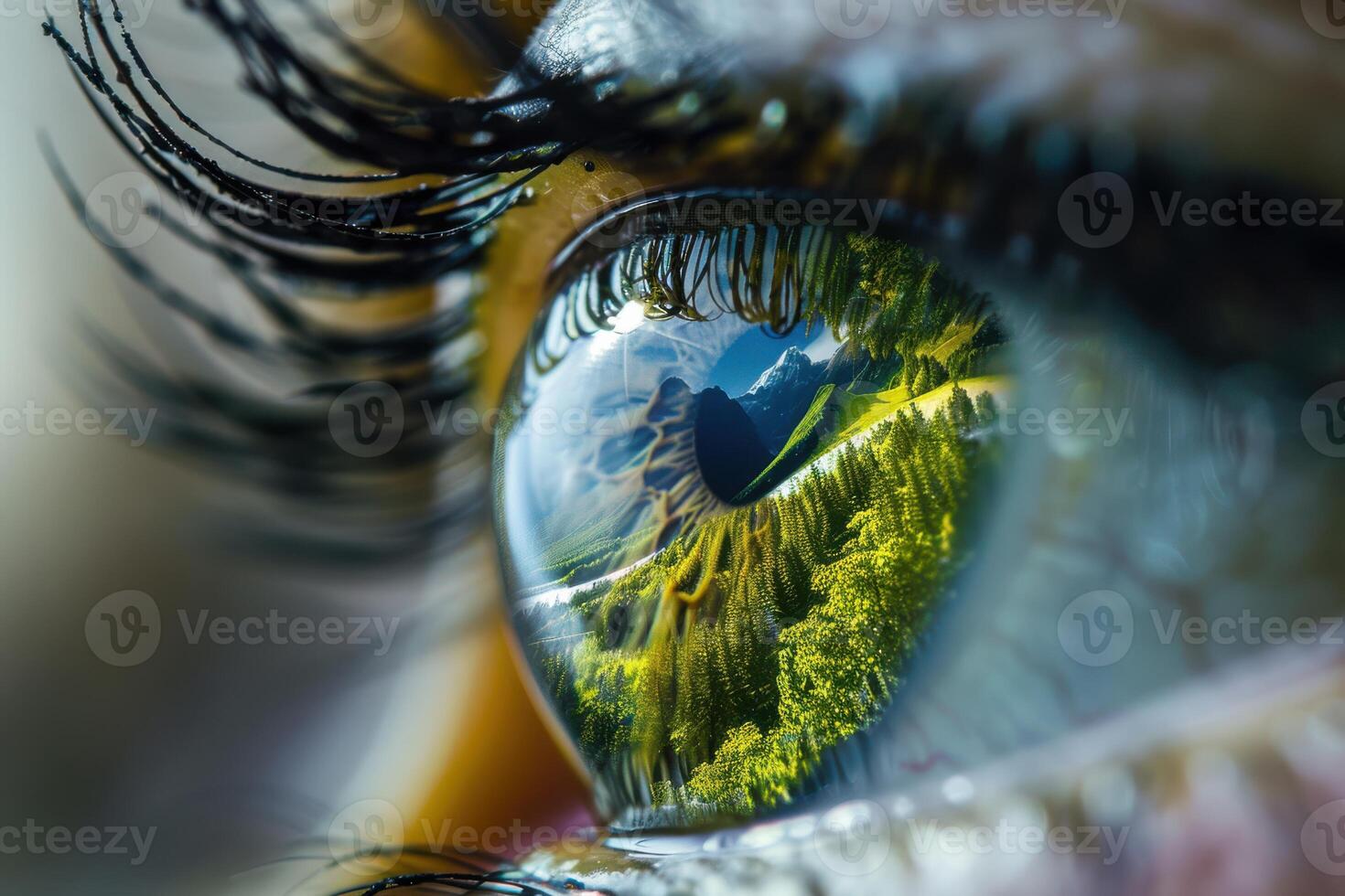 A close up of a person's eye with a green reflection photo