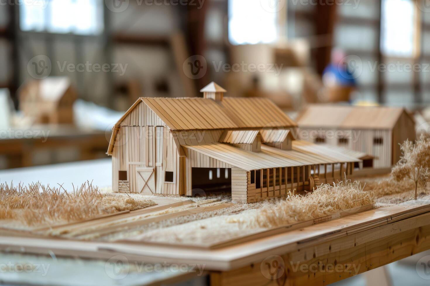 A model of a barn and a man working on it photo
