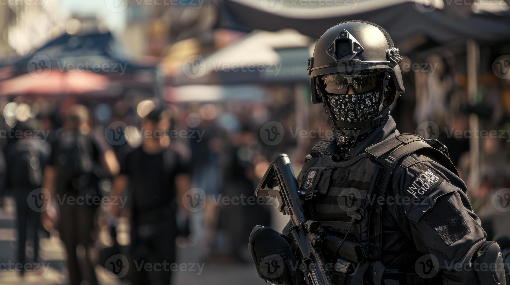 A man in a black mask and helmet standing in front of a crowd photo