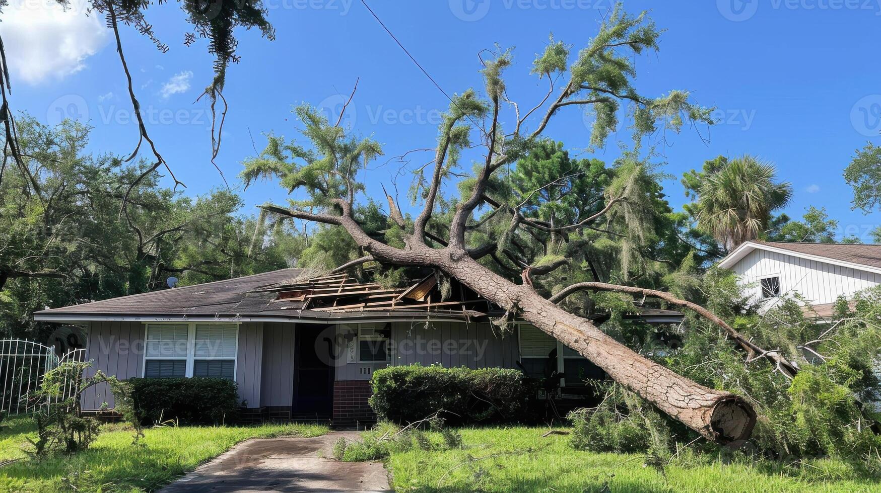 A tree is uprooted from a house in a residential neighborhood photo