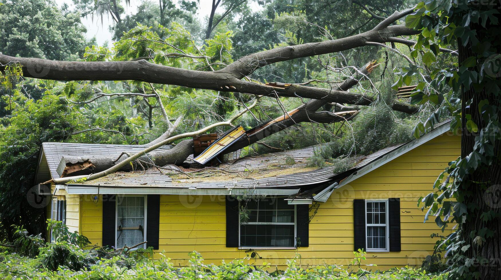 A yellow house with a tree on the roof photo