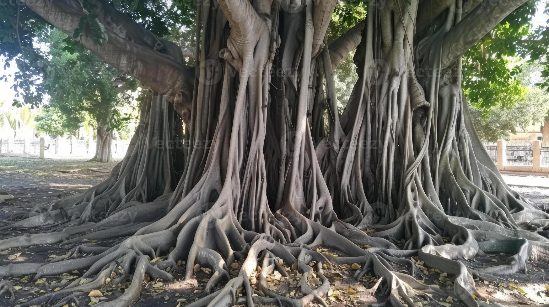 A banyan tree with its roots exposed photo
