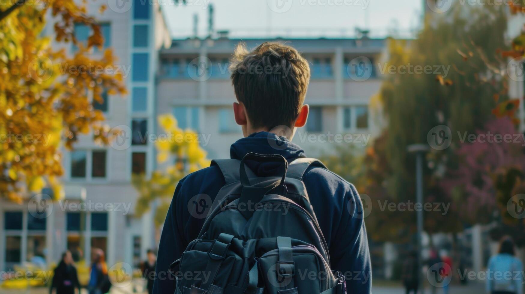 Back view of a young man with backpack walking on a street photo
