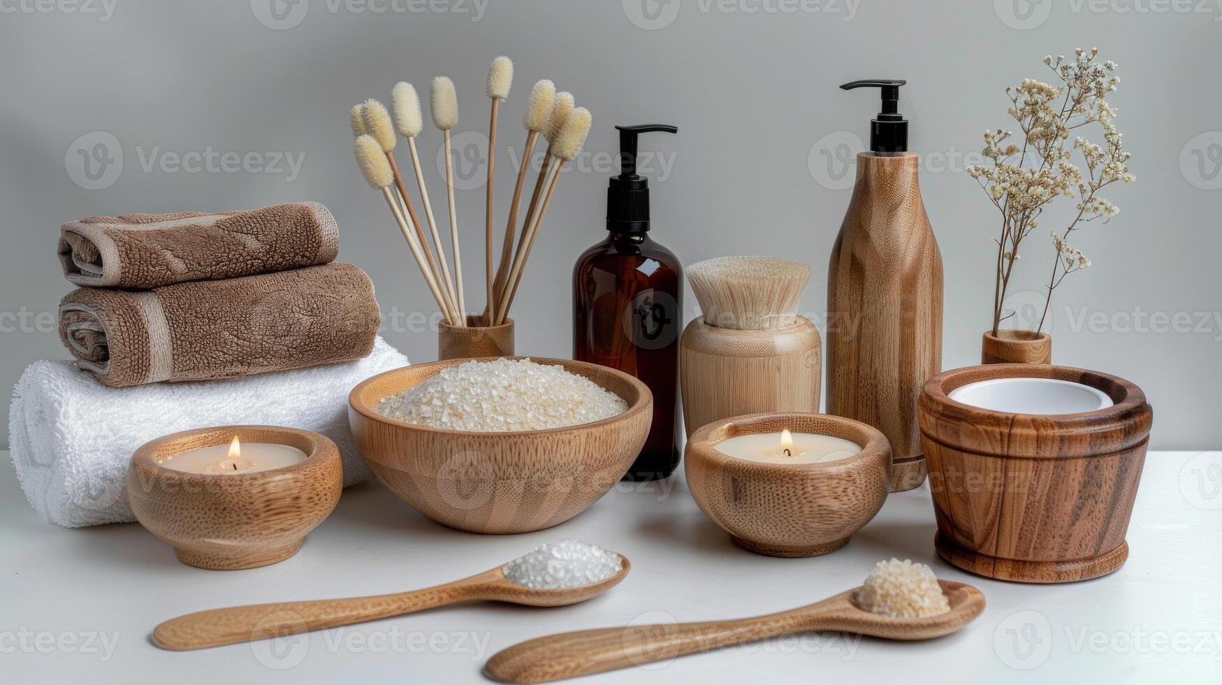 Various wooden items including a towel, soap, and a bowl photo