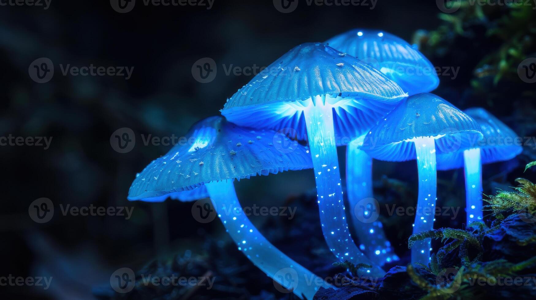 A group of blue mushrooms with glowing blue lights photo