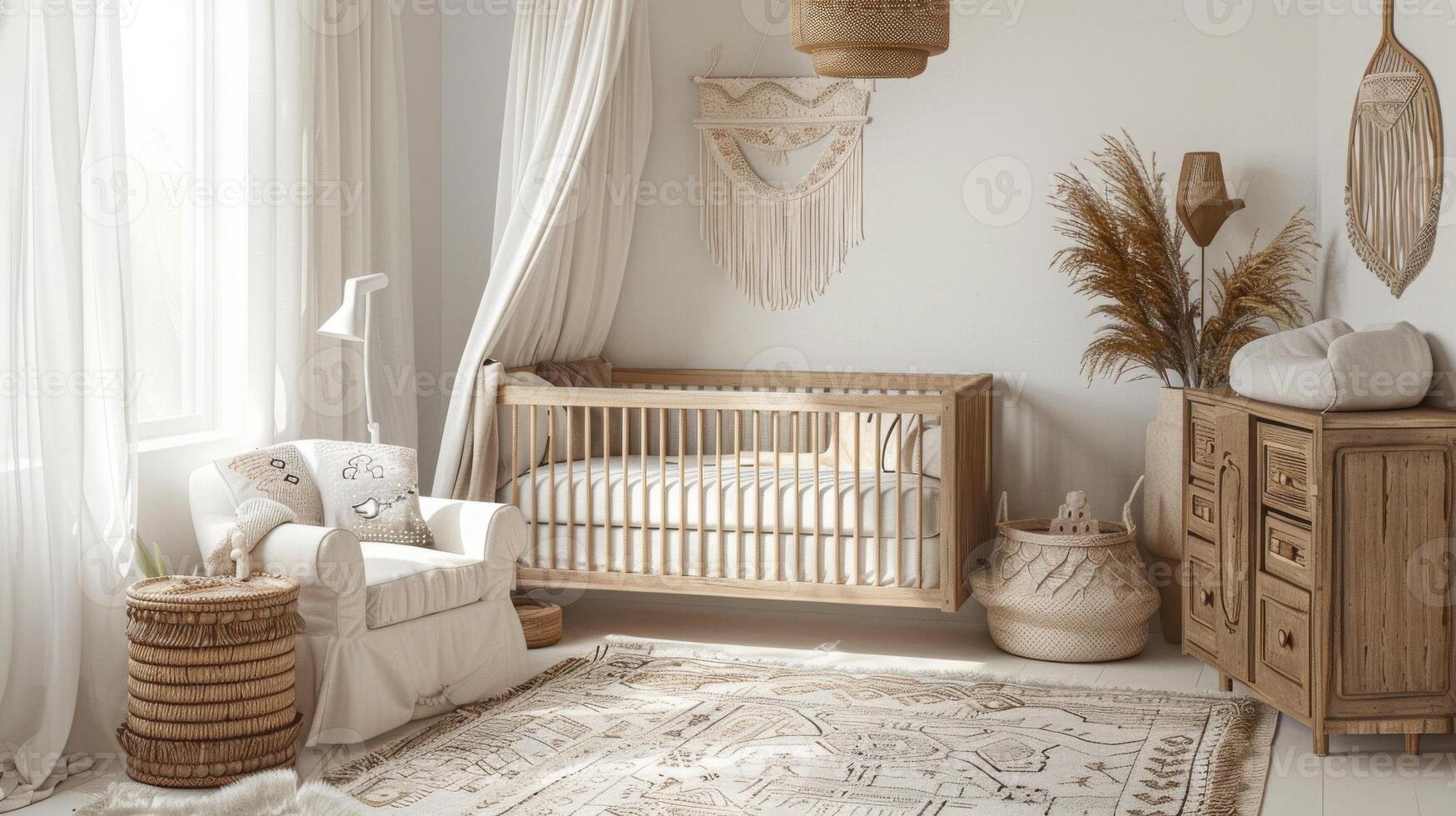 A baby's room with a crib, a dresser and a rug photo