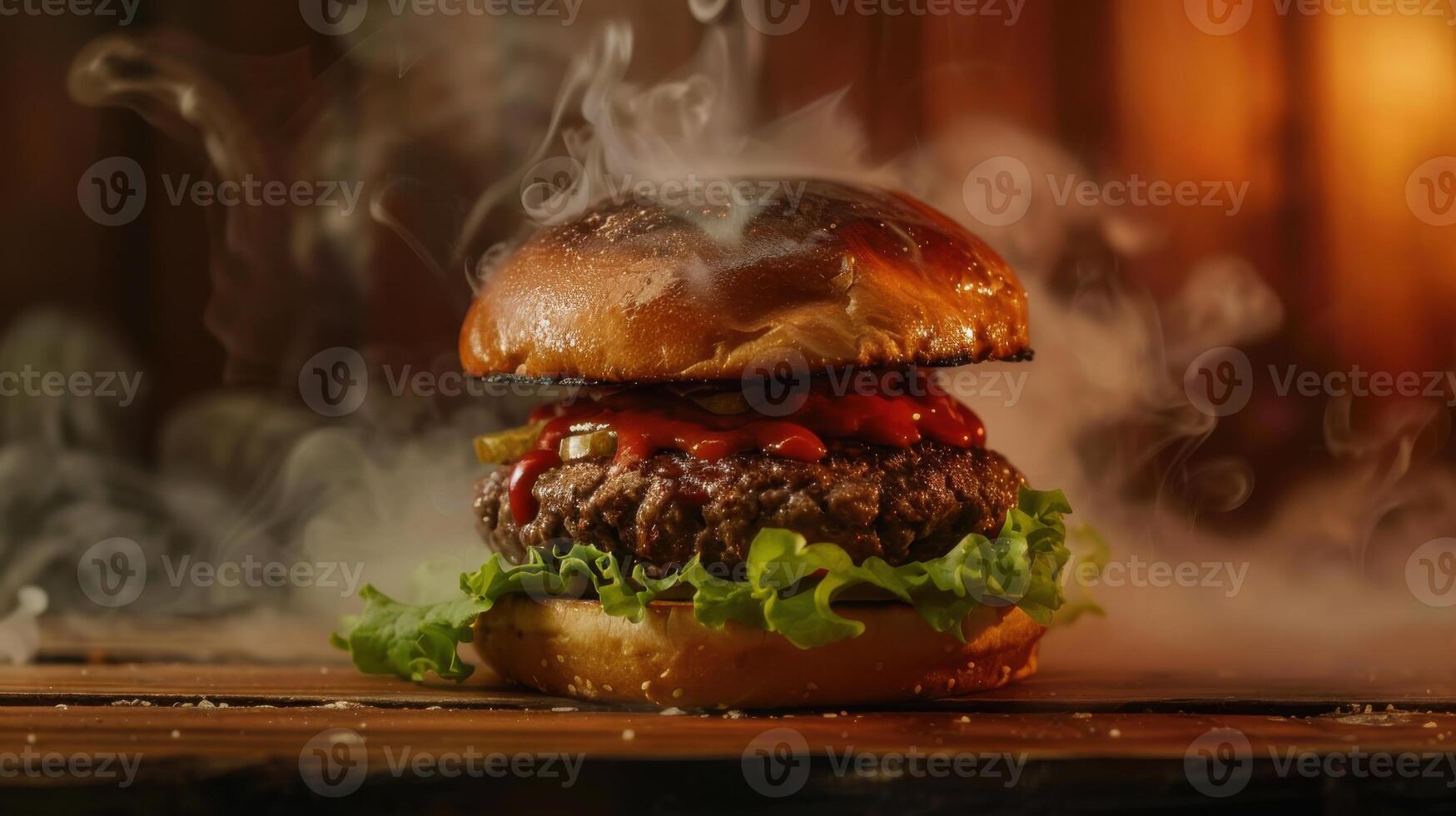 A hamburger with smoke coming out of it photo