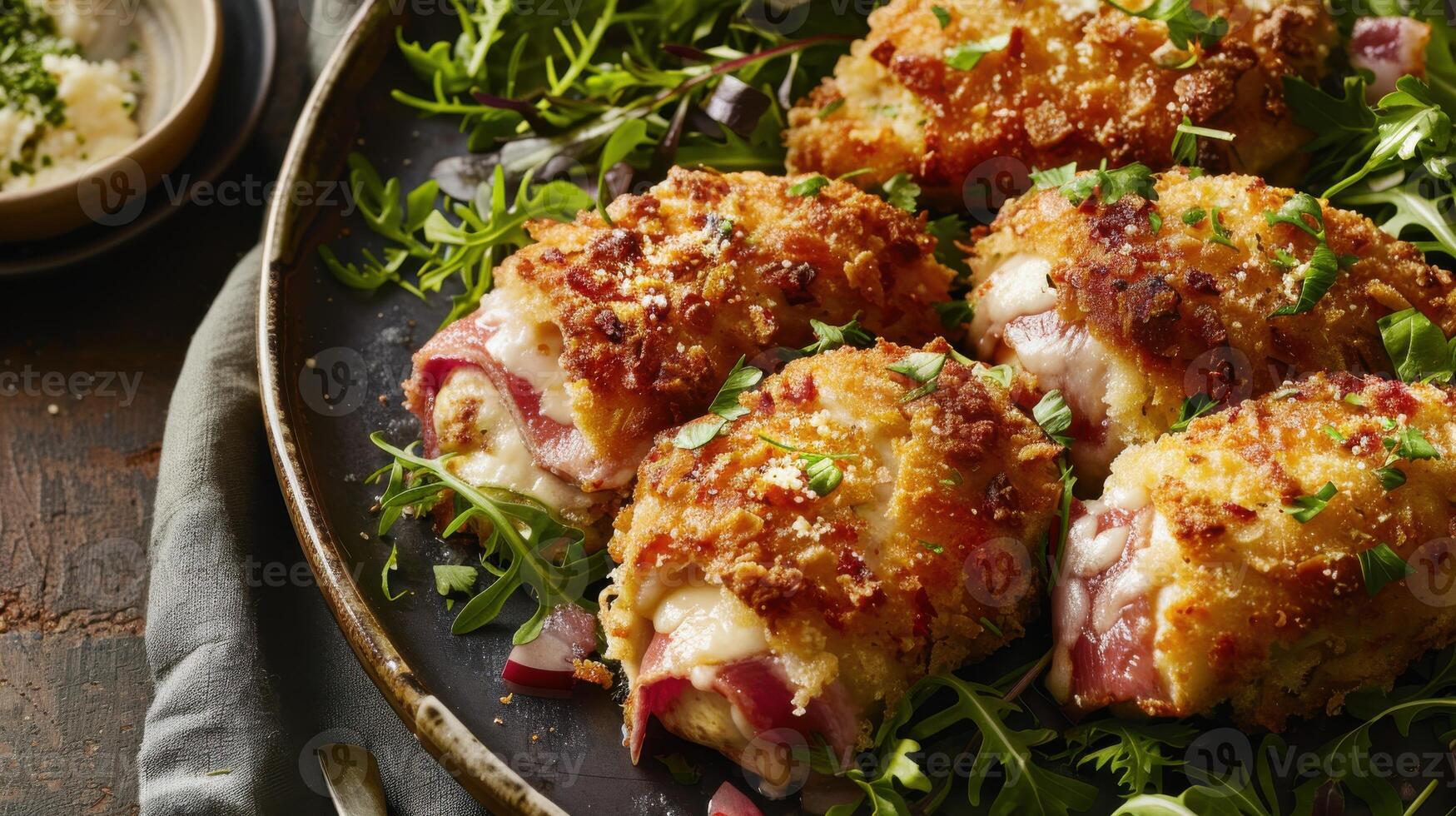A plate of chicken with cheese and herbs photo