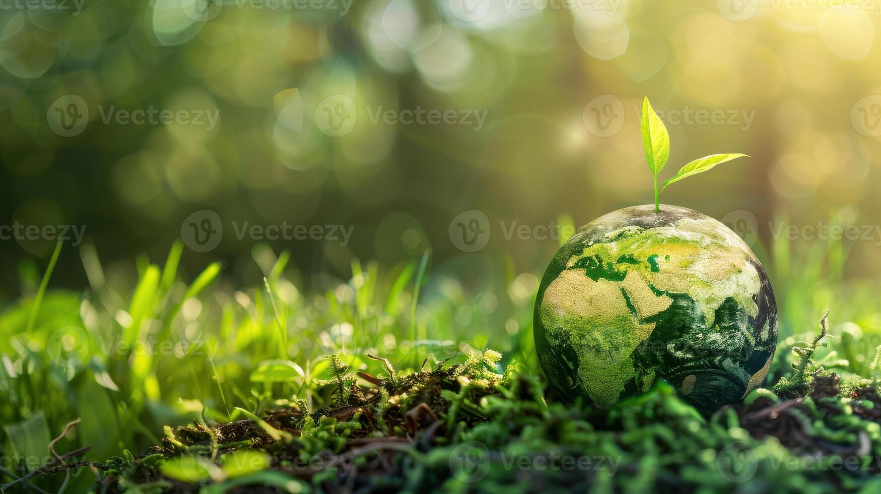 Earth globe with green sprout in the grass photo
