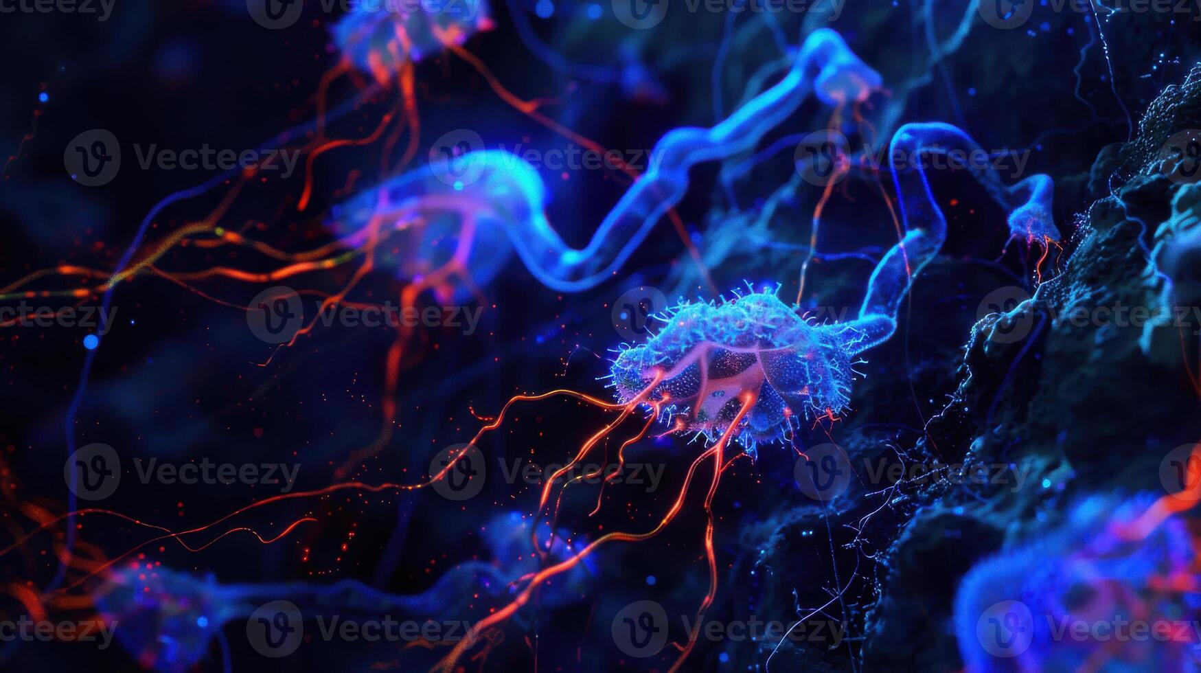 A close up of a brain cell with blue and red lights photo