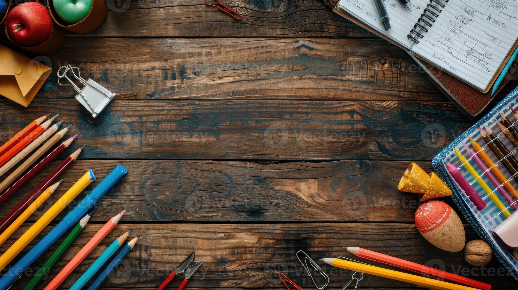 School supplies on a wooden table with copy space photo
