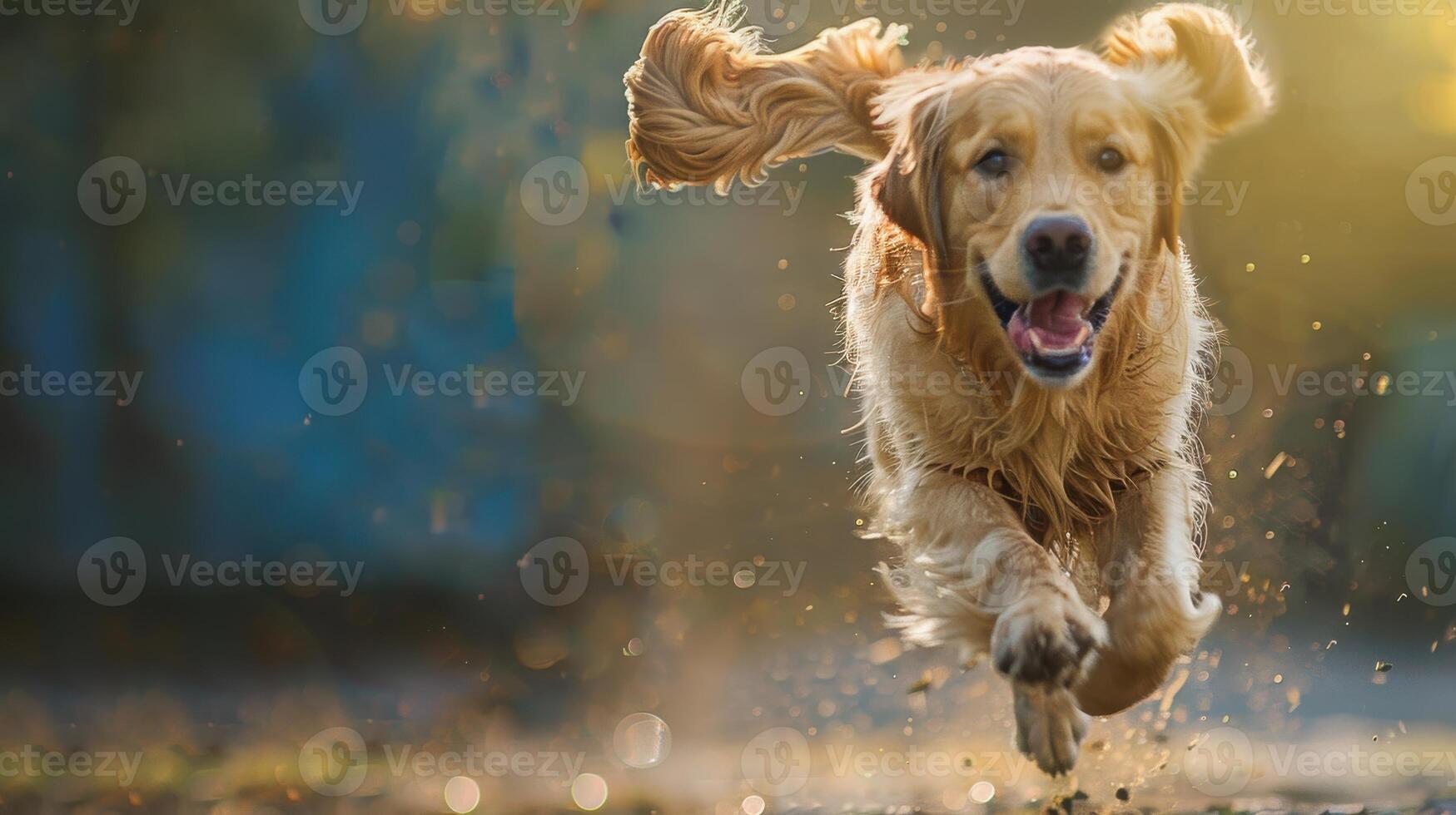 A golden retriever running through the grass photo