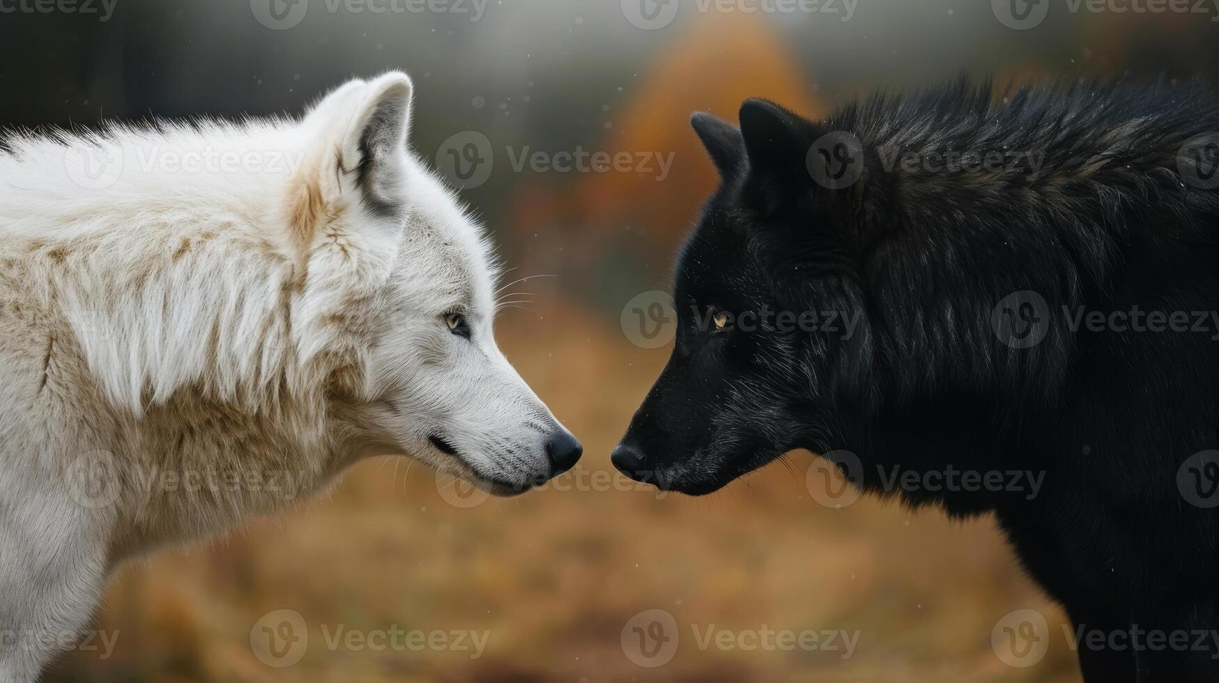 Two black and white wolves facing each other photo