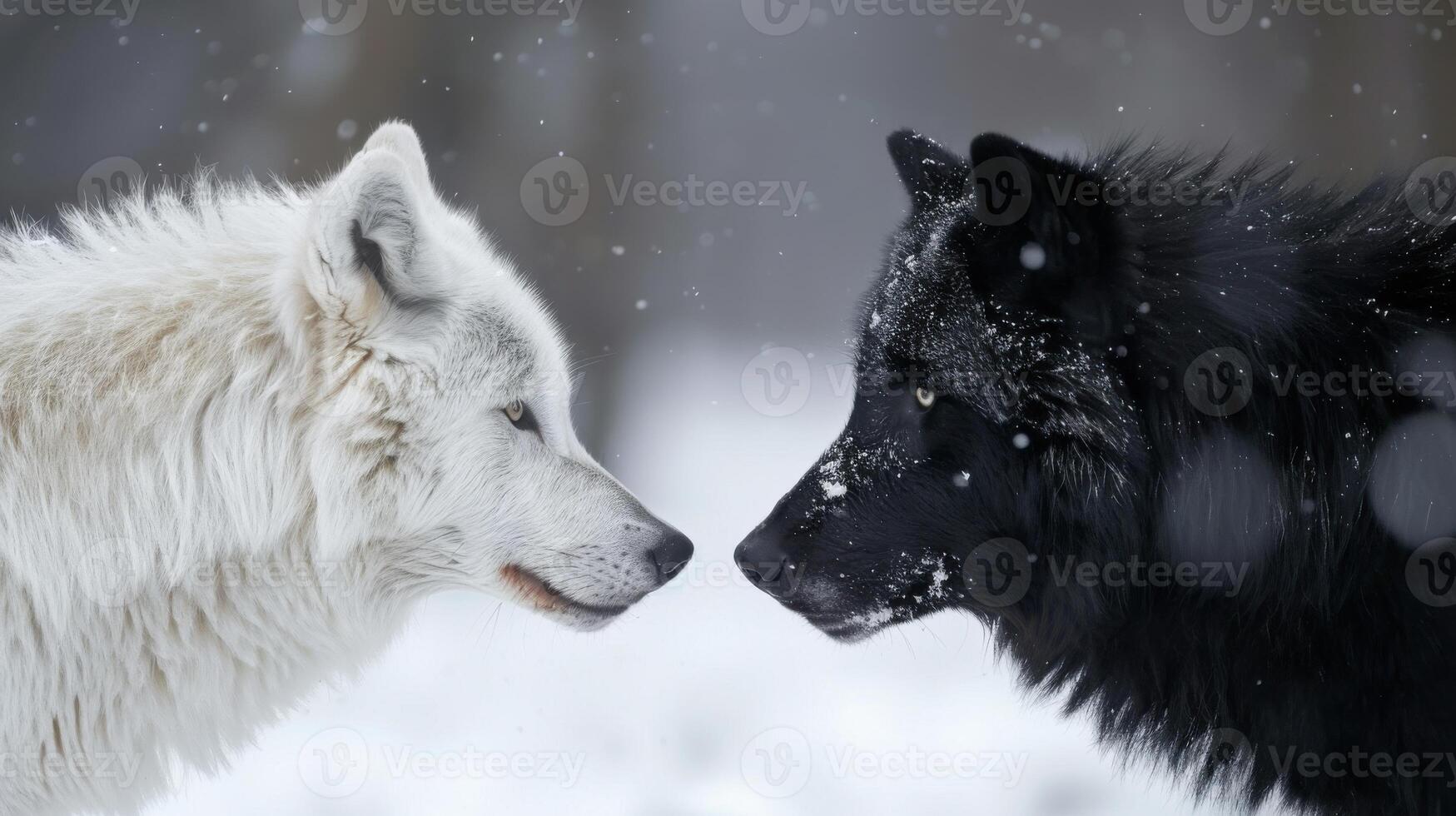 Two black and white wolves facing each other in the snow photo
