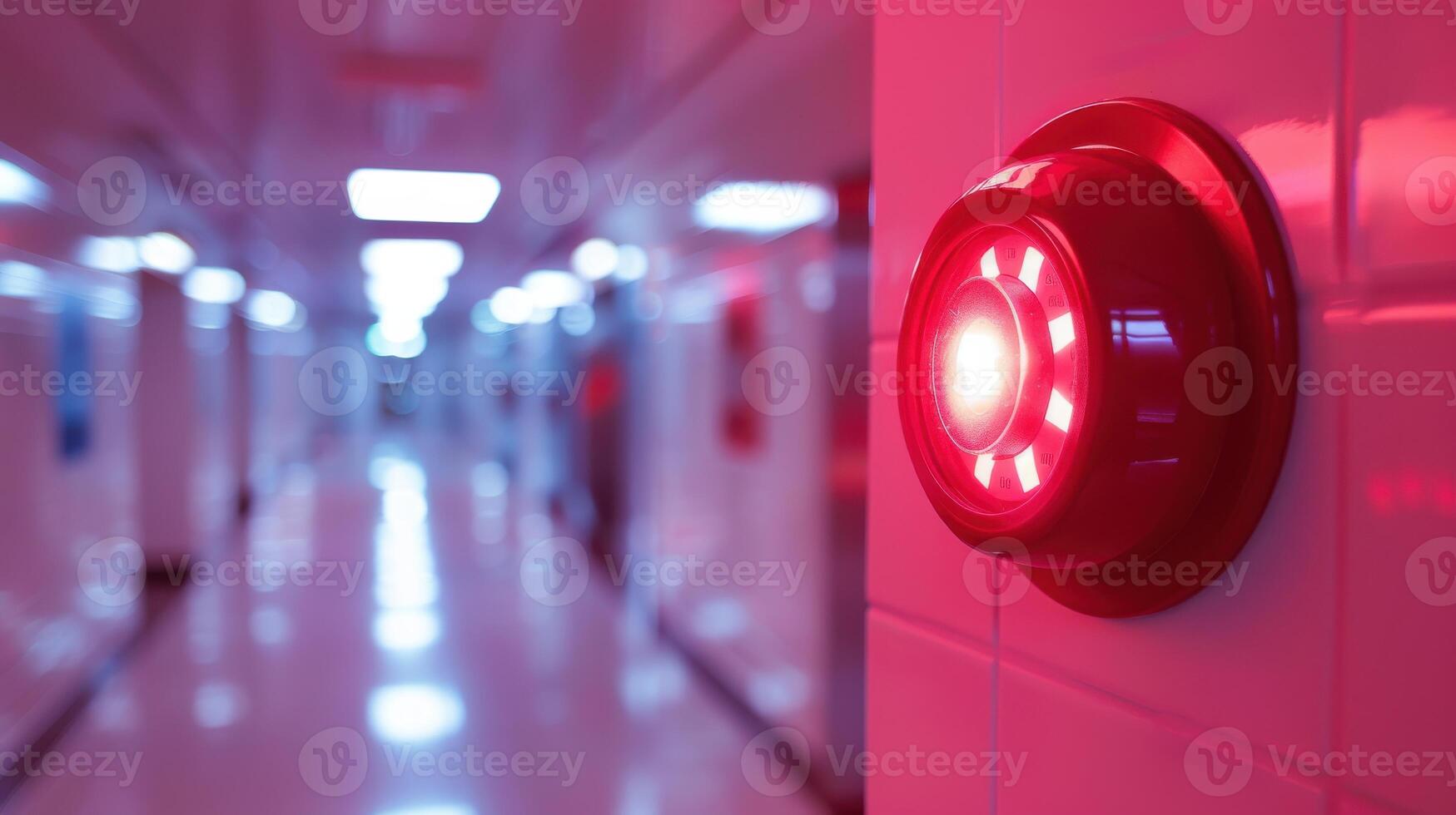 A red light is on a wall in a hallway photo