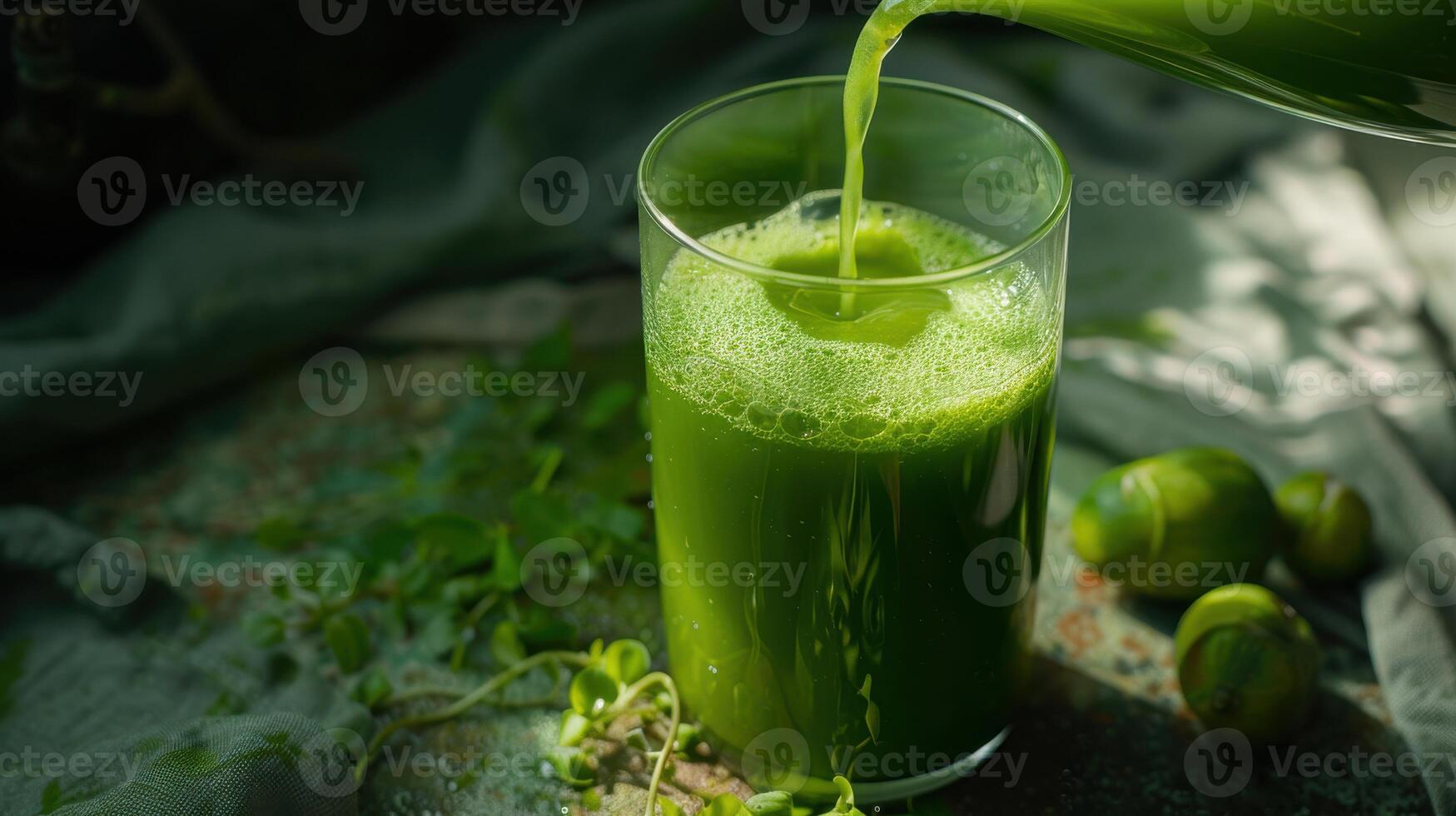 A glass of green juice being poured into a glass photo