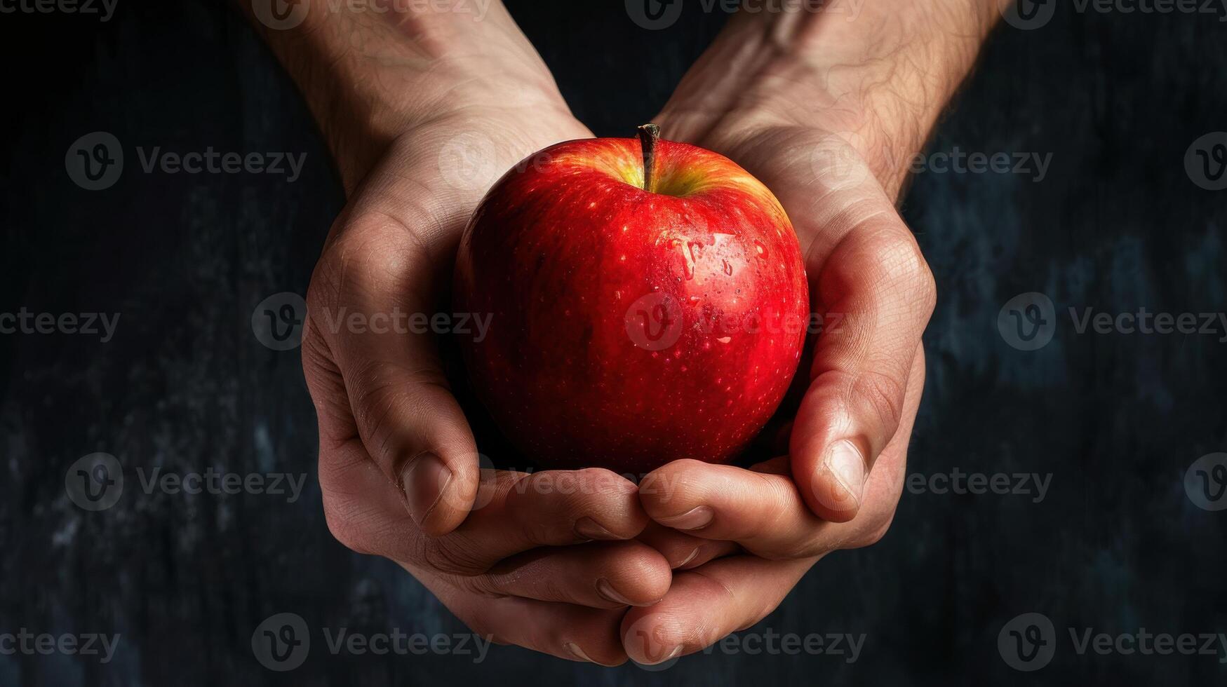 Hands holding an apple on a dark background photo
