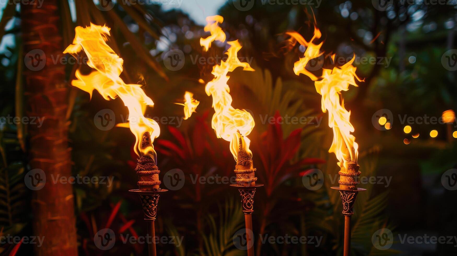 Three torches are lit up in the dark photo