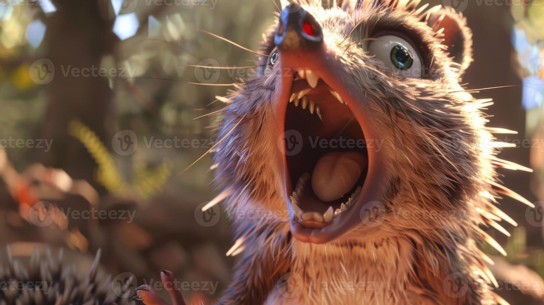 A hedgehog with its mouth open and its teeth showing photo