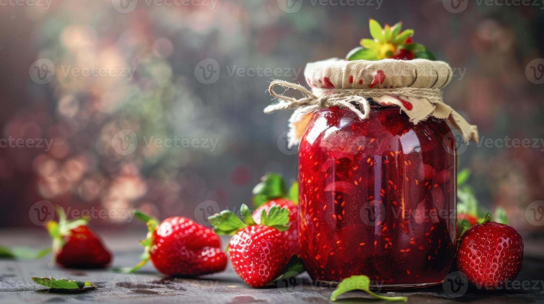 Strawberry jam in a jar on a wooden table with fresh strawberries photo