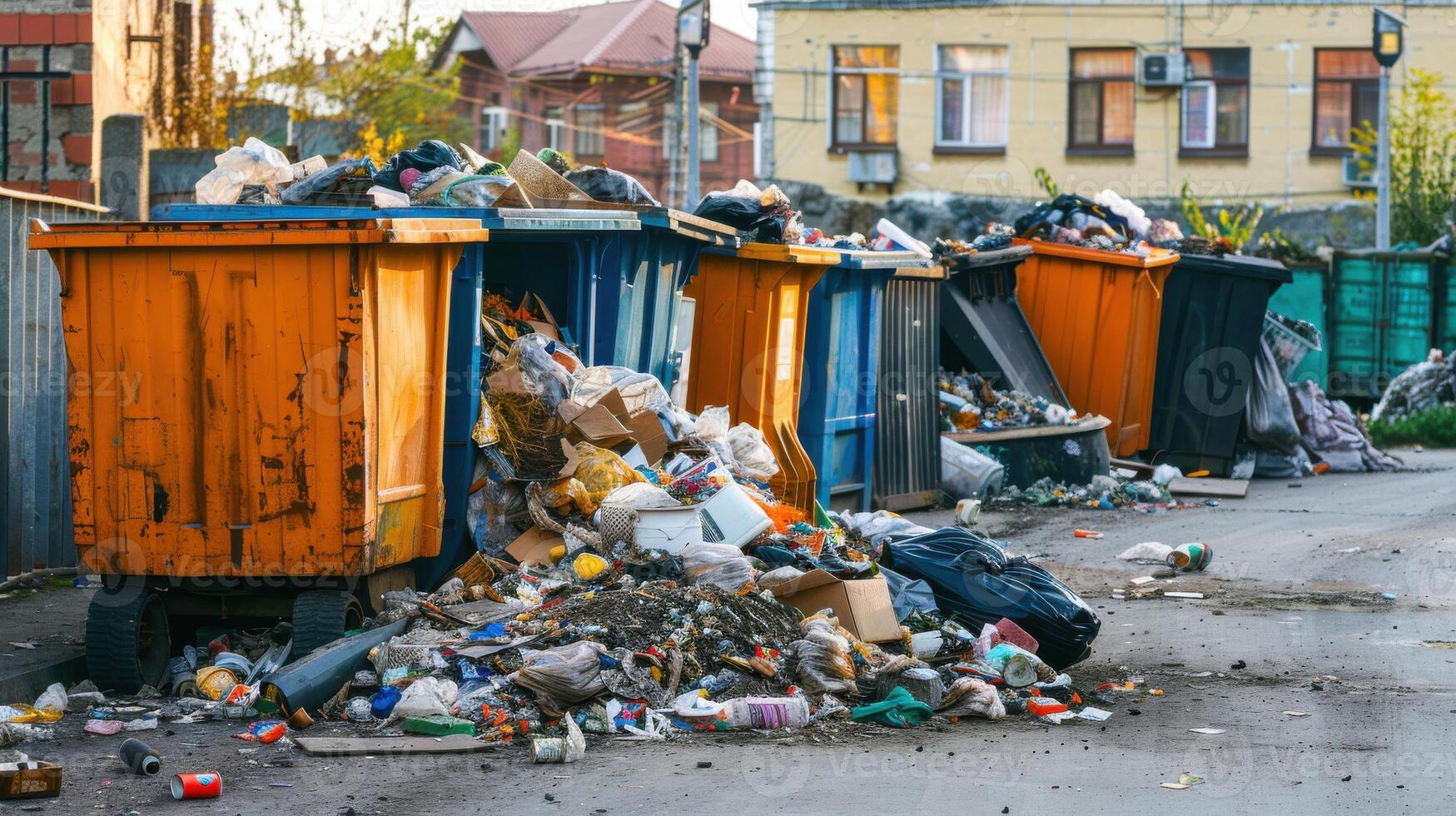 Garbage bins are sitting on the side of a street photo