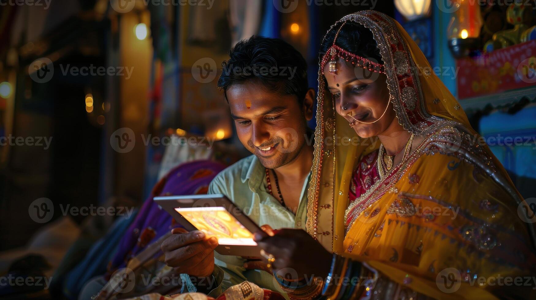 A man and woman in traditional indian clothing are looking at a tablet photo