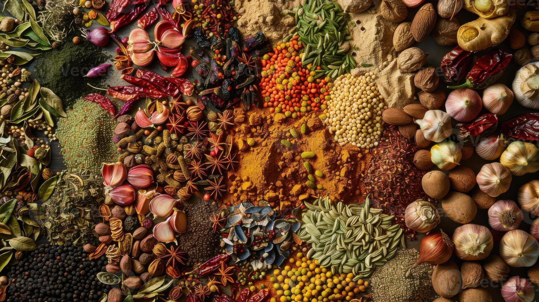 A variety of spices and herbs are arranged on a table photo