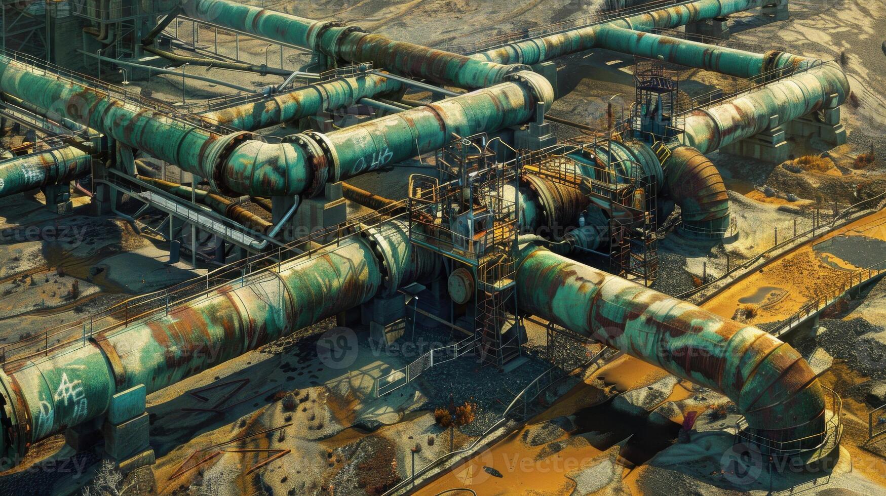 An oil refinery in the desert with pipes and pipes photo