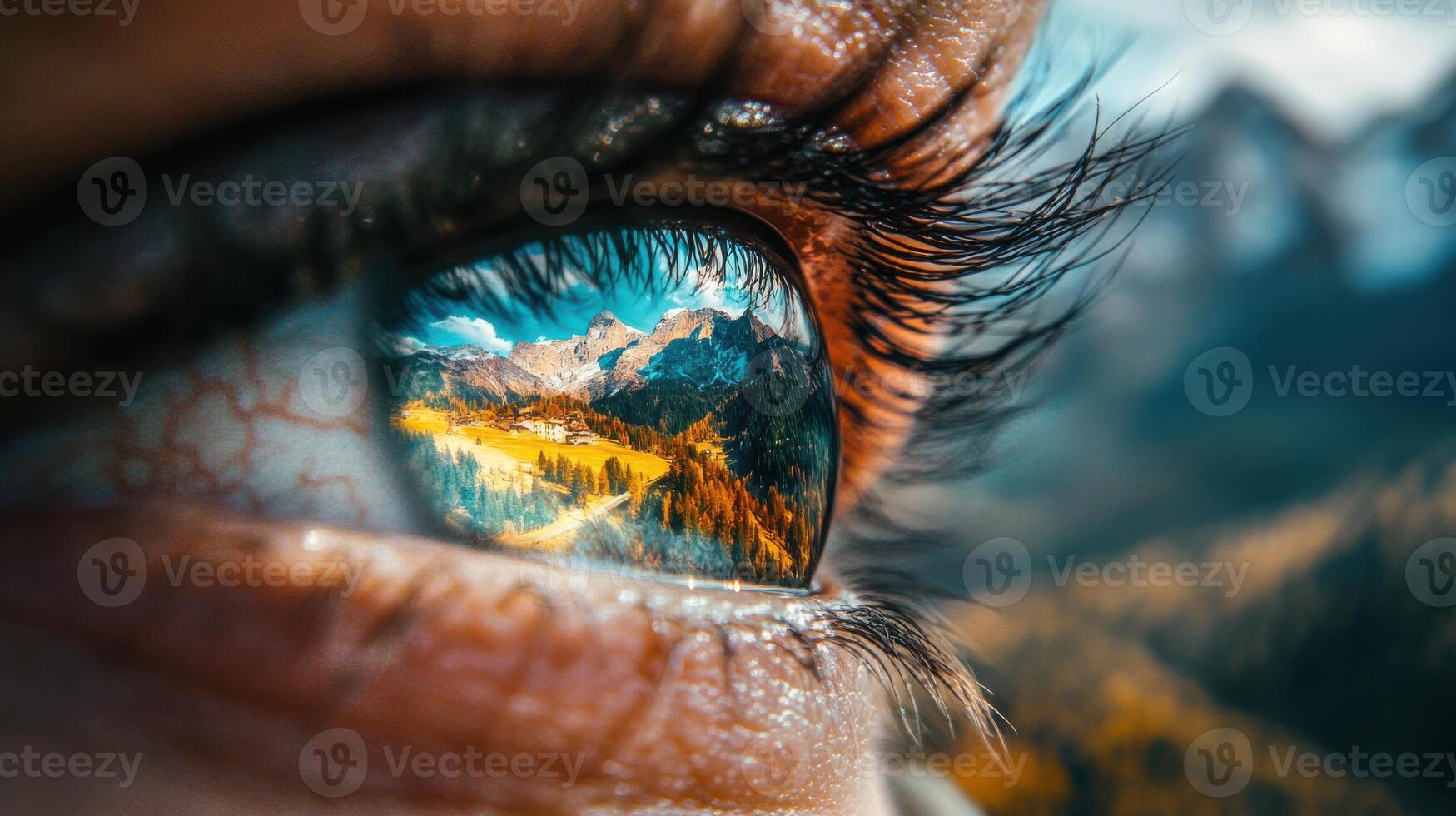 A person's eye with mountains reflected in it photo