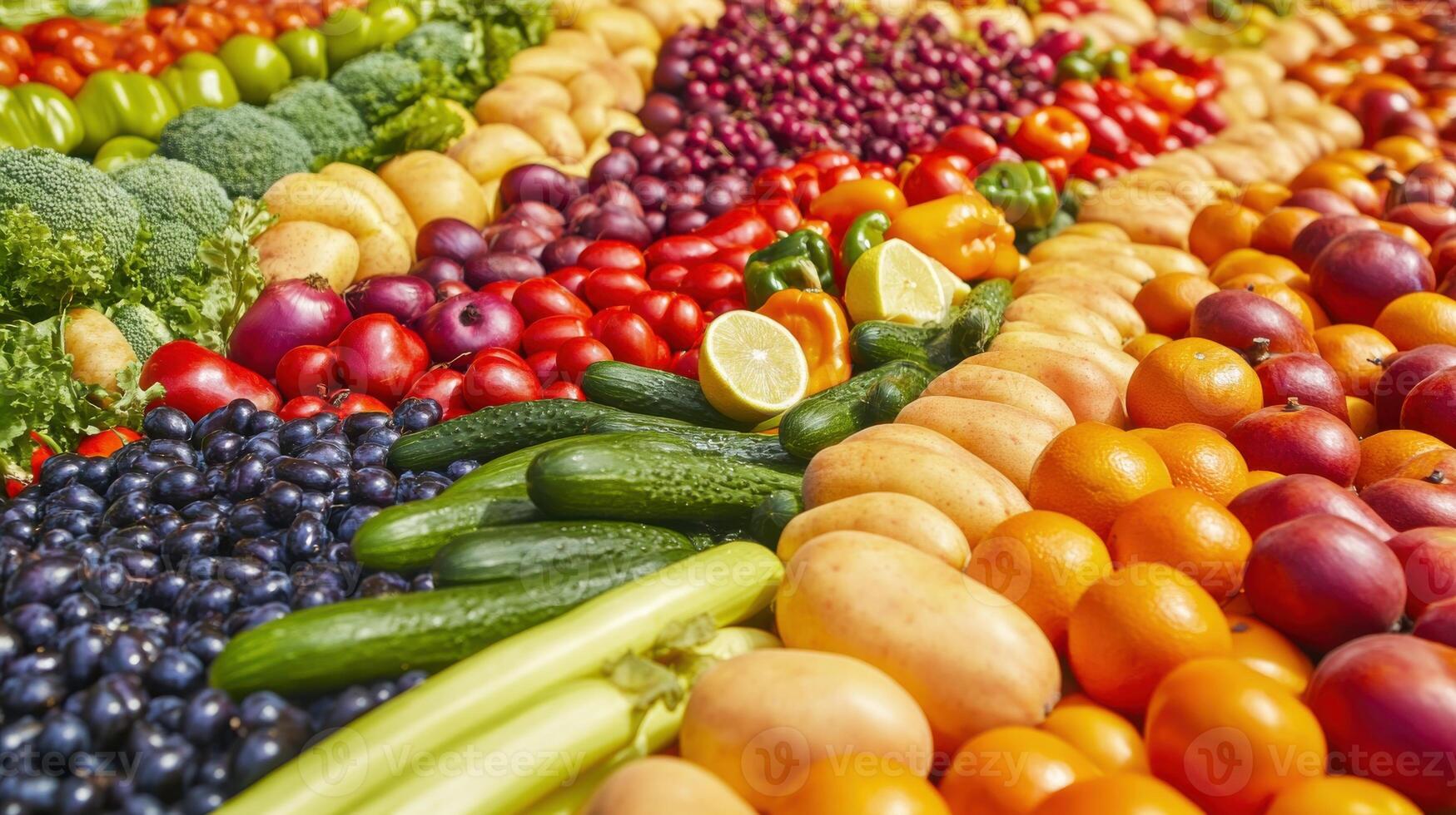 A large variety of fruits and vegetables are arranged in a row photo
