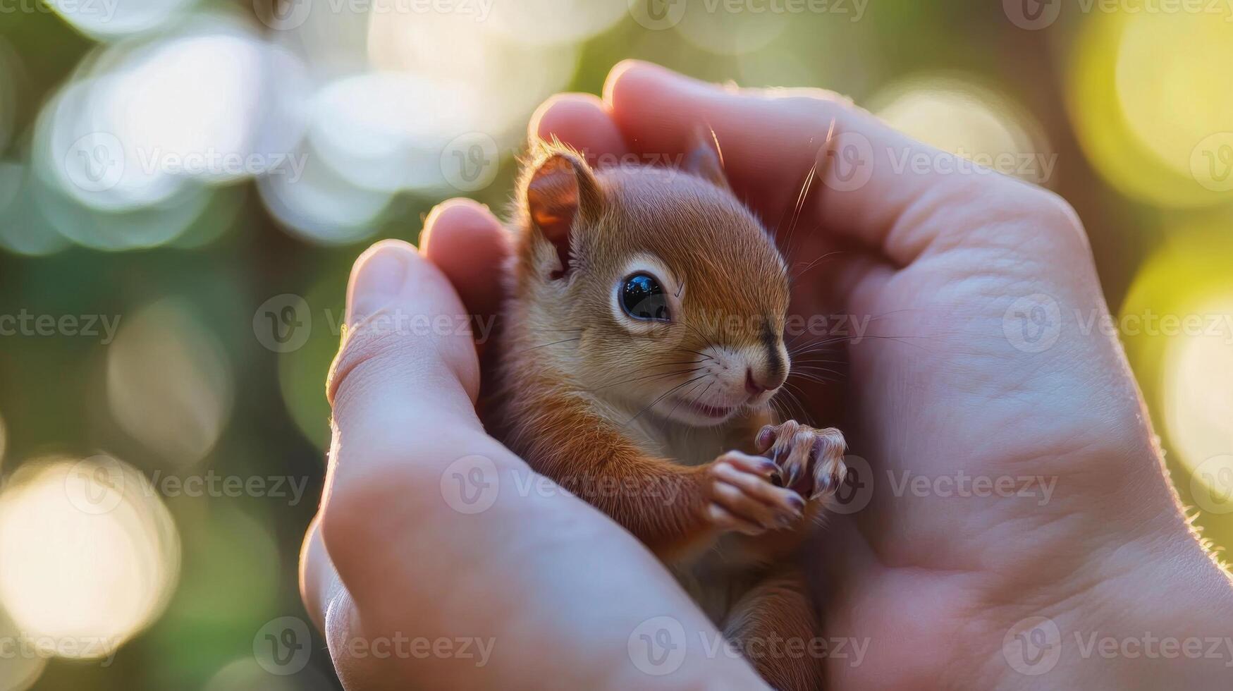 A small squirrel is being held in the hands photo