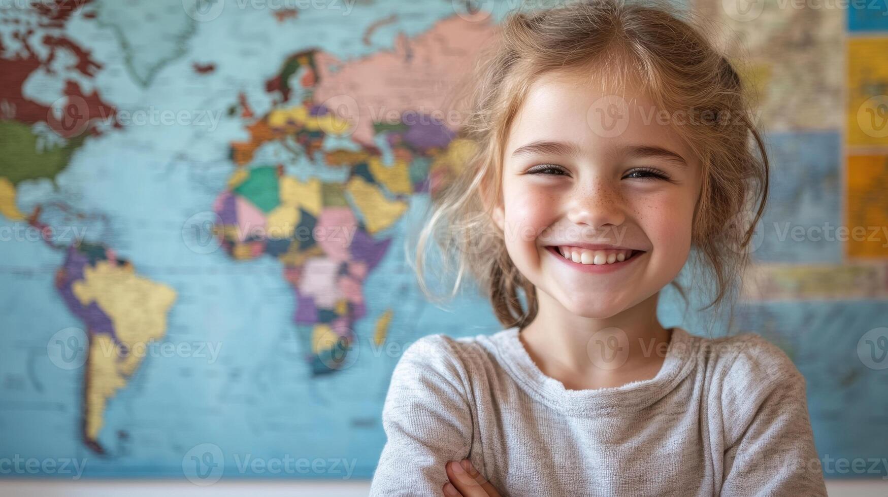 A little girl smiles in front of a world map photo