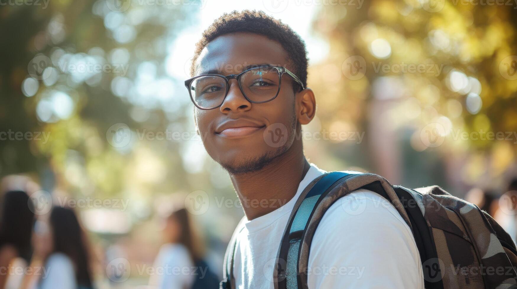 A young man with glasses and a backpack photo