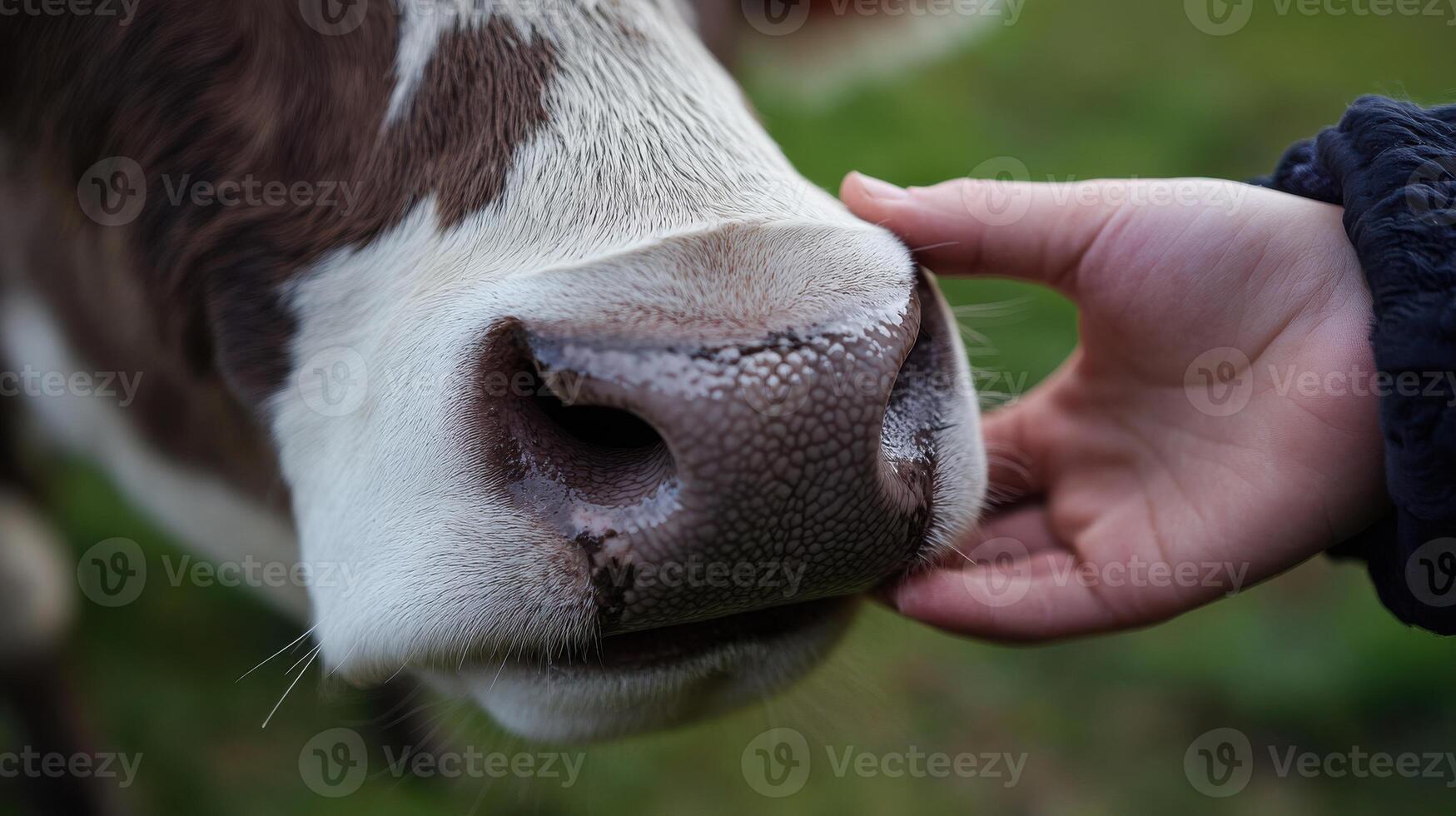 A person is petting a cow's nose photo