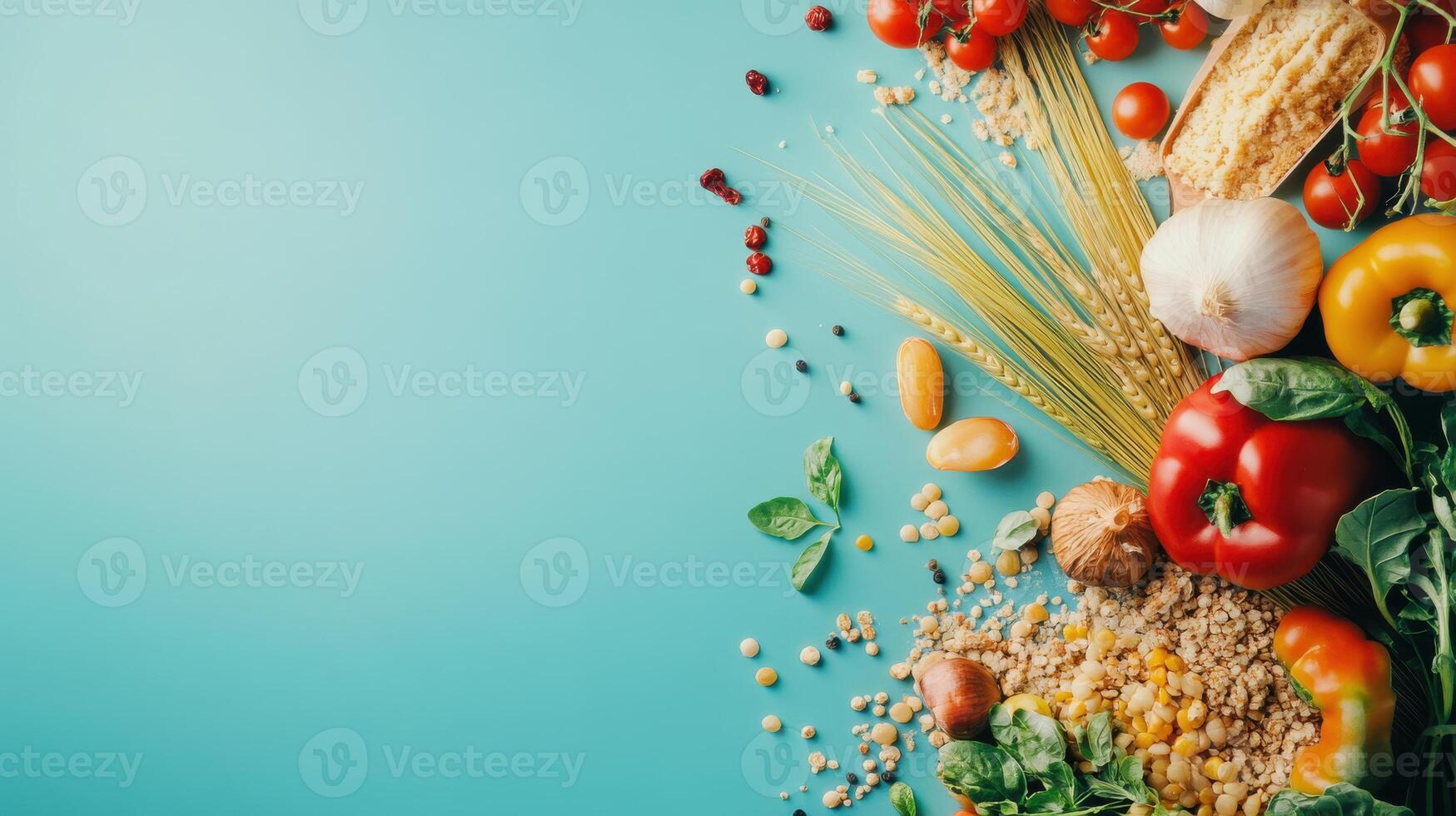 Various vegetables and grains on a blue background photo