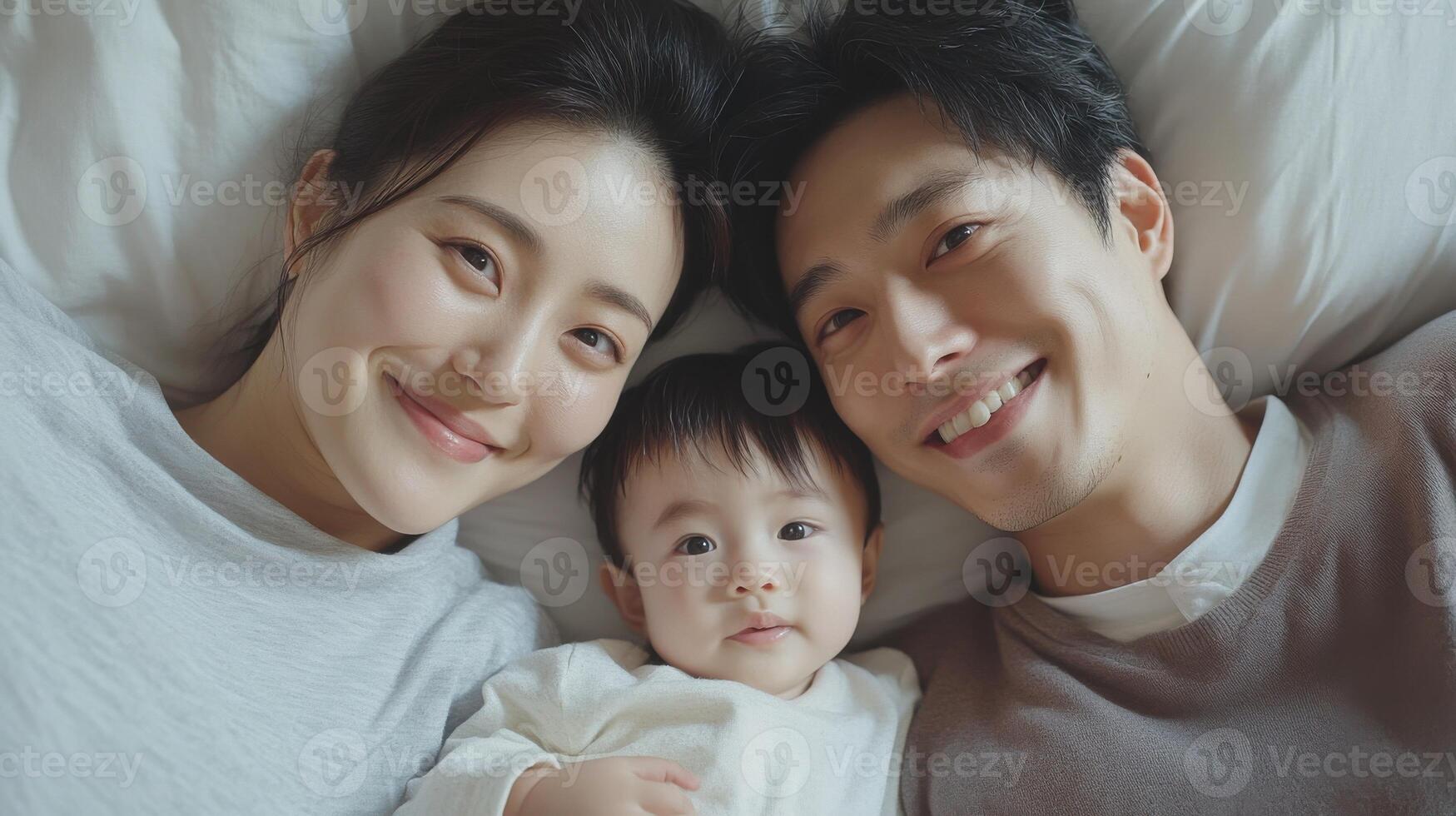 A man and woman with a baby laying on a bed photo