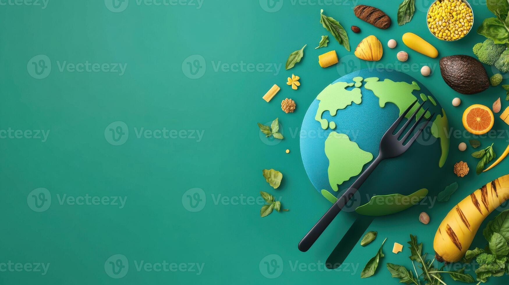 Food and vegetables are arranged around the earth on a green background photo