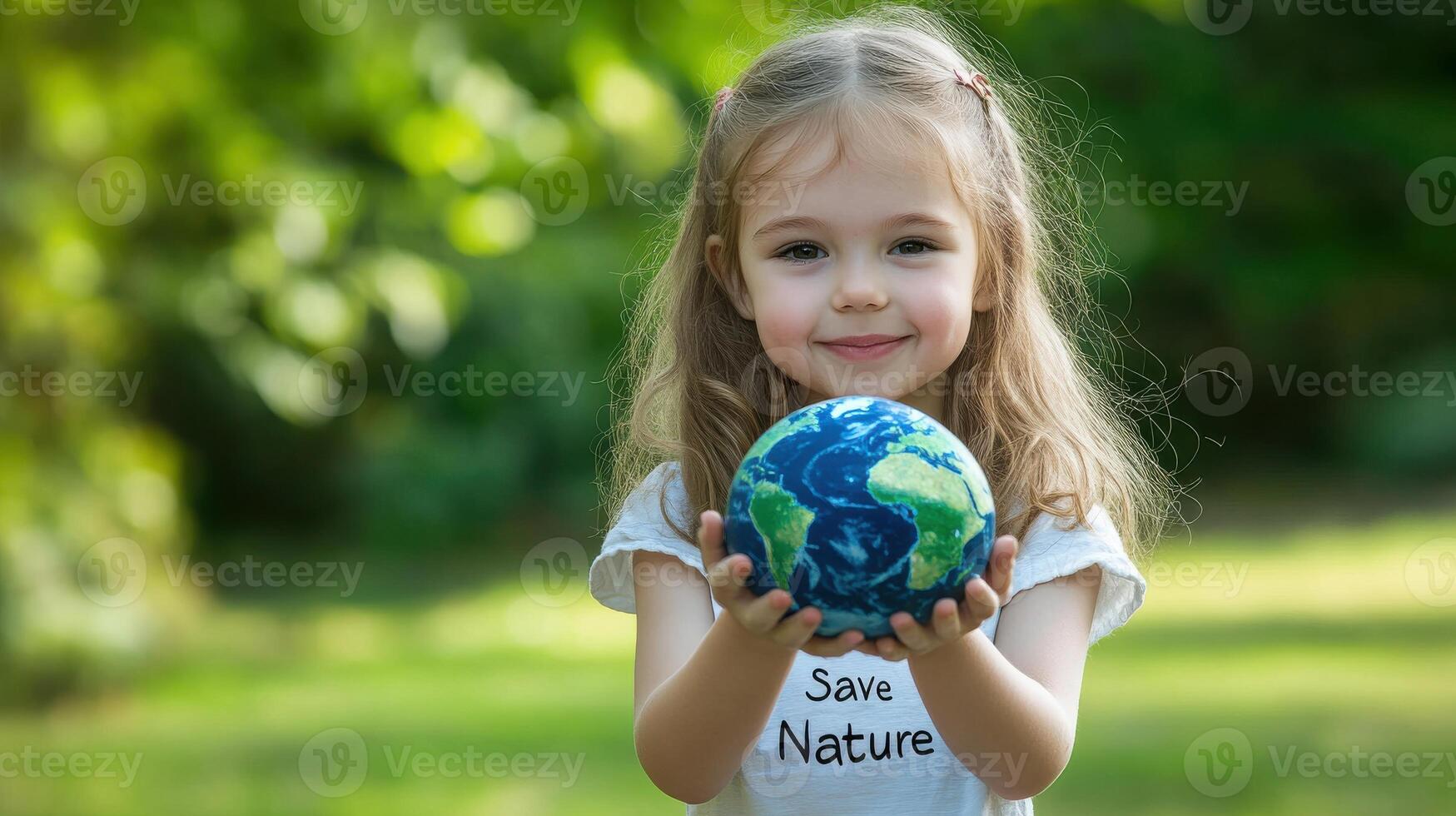 A little girl holding a globe with the word save nature photo