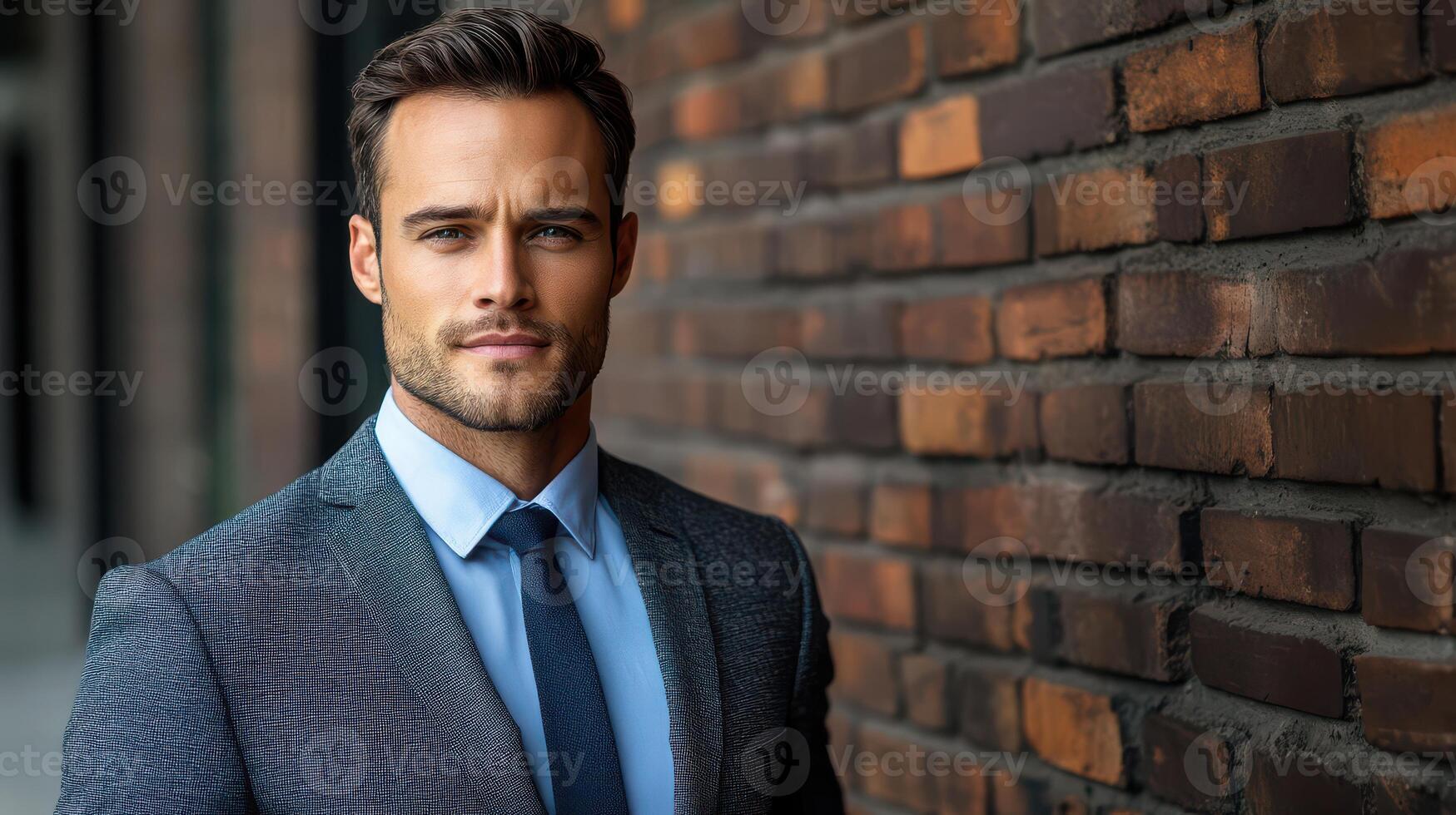 A man in a suit and tie standing in front of a brick wall photo