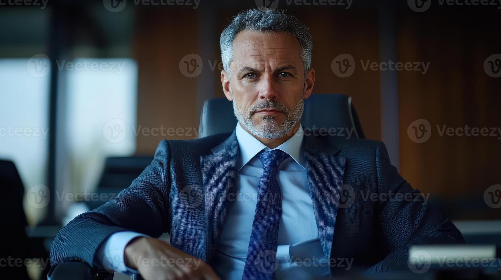 A man in a suit and tie sitting in an office photo