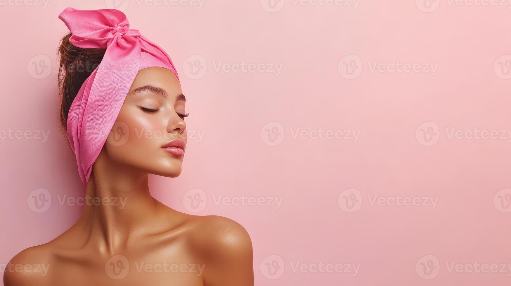 Beautiful woman with pink headband and pink towel on her head photo