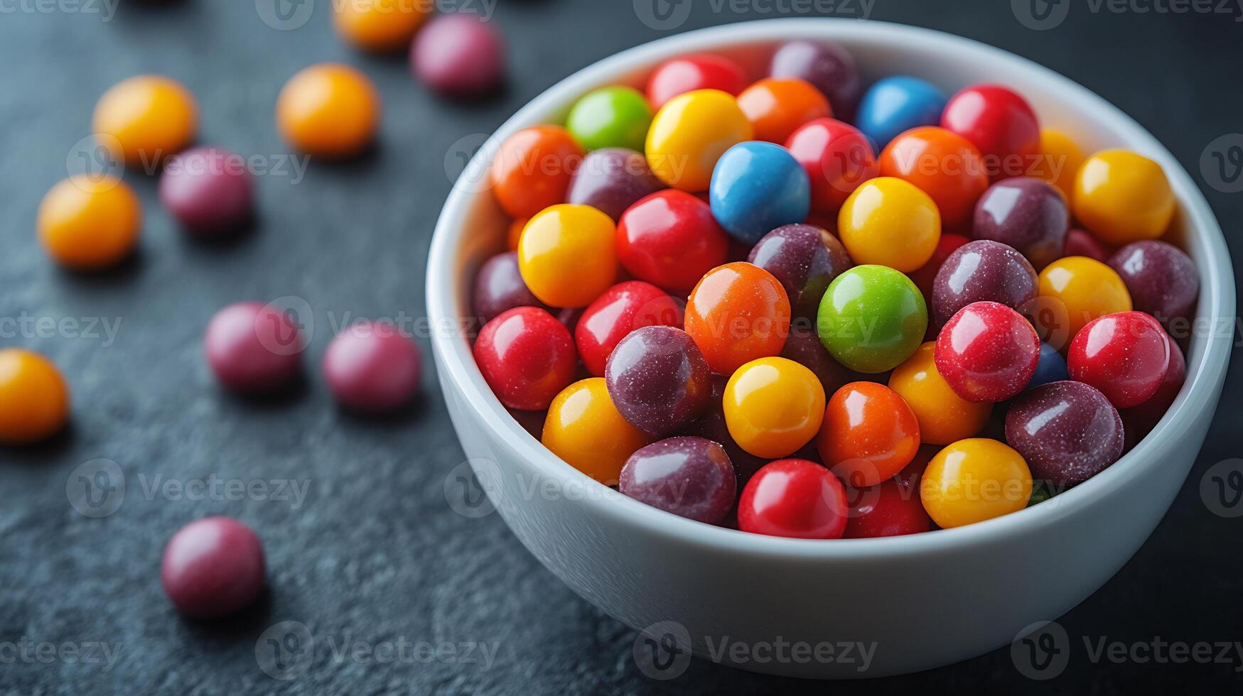 Bowl of assorted bonbons brightly colored and placed on a pristine white background playful and sweet photo