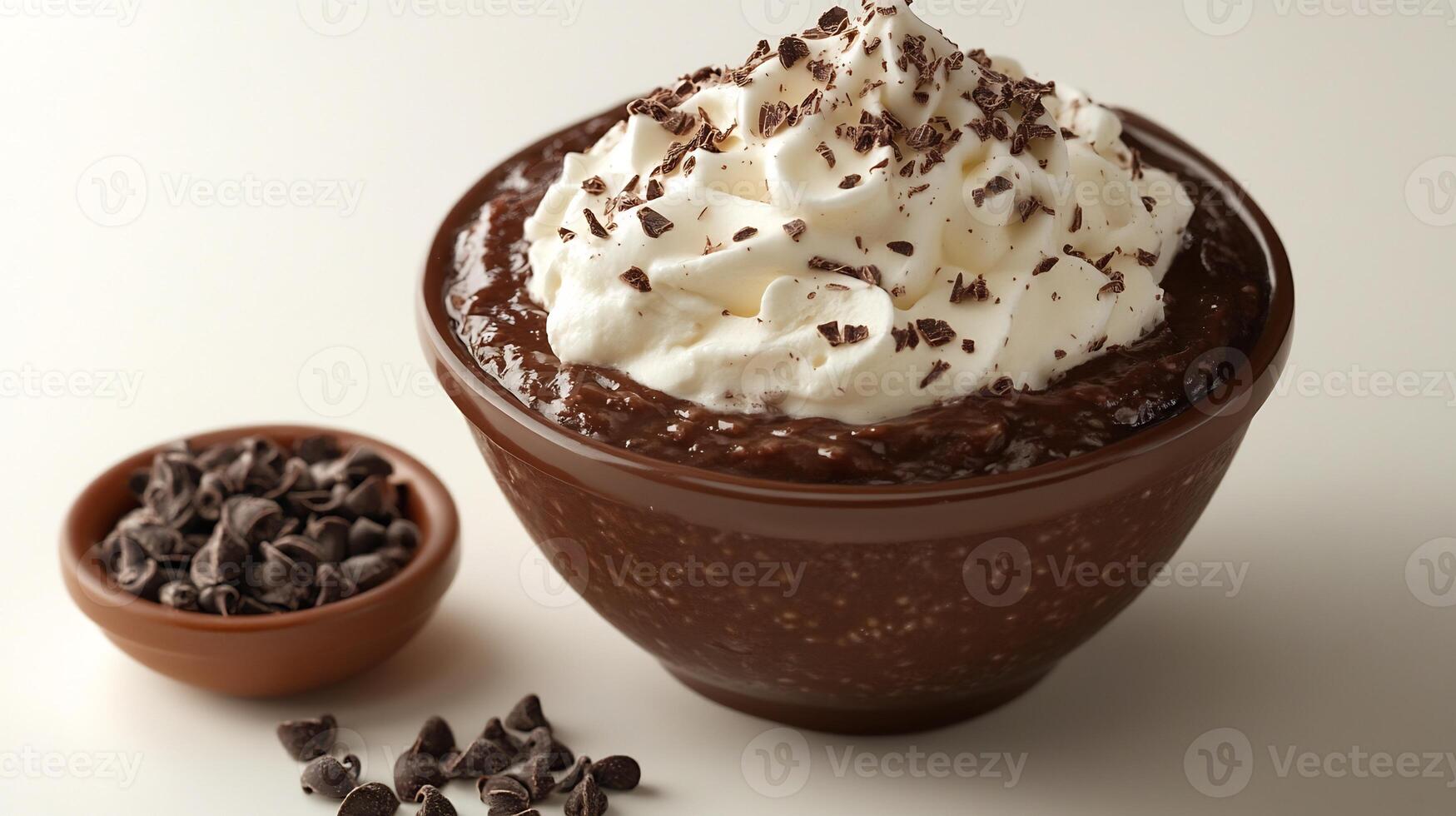 Bowl of rich chocolate pudding with whipped cream topping placed on a pristine white background photo