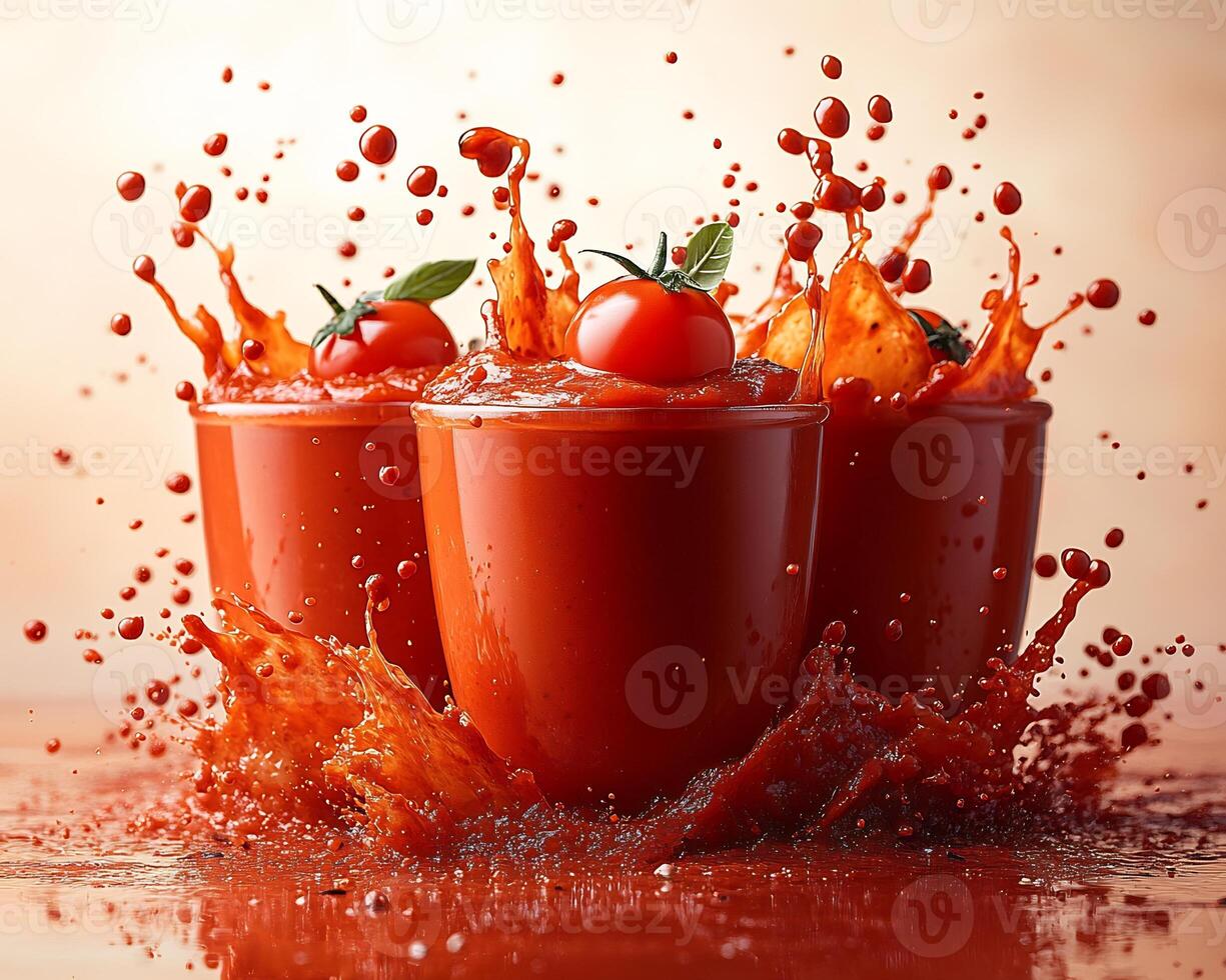 Bowl of thick creamy marinara sauce with a splash beside it on a white background rich in color photo