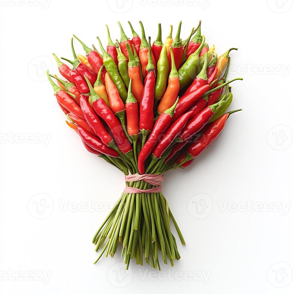 Bundle of red and green Thai chilies spread out on a white background vibrant and spicy photo