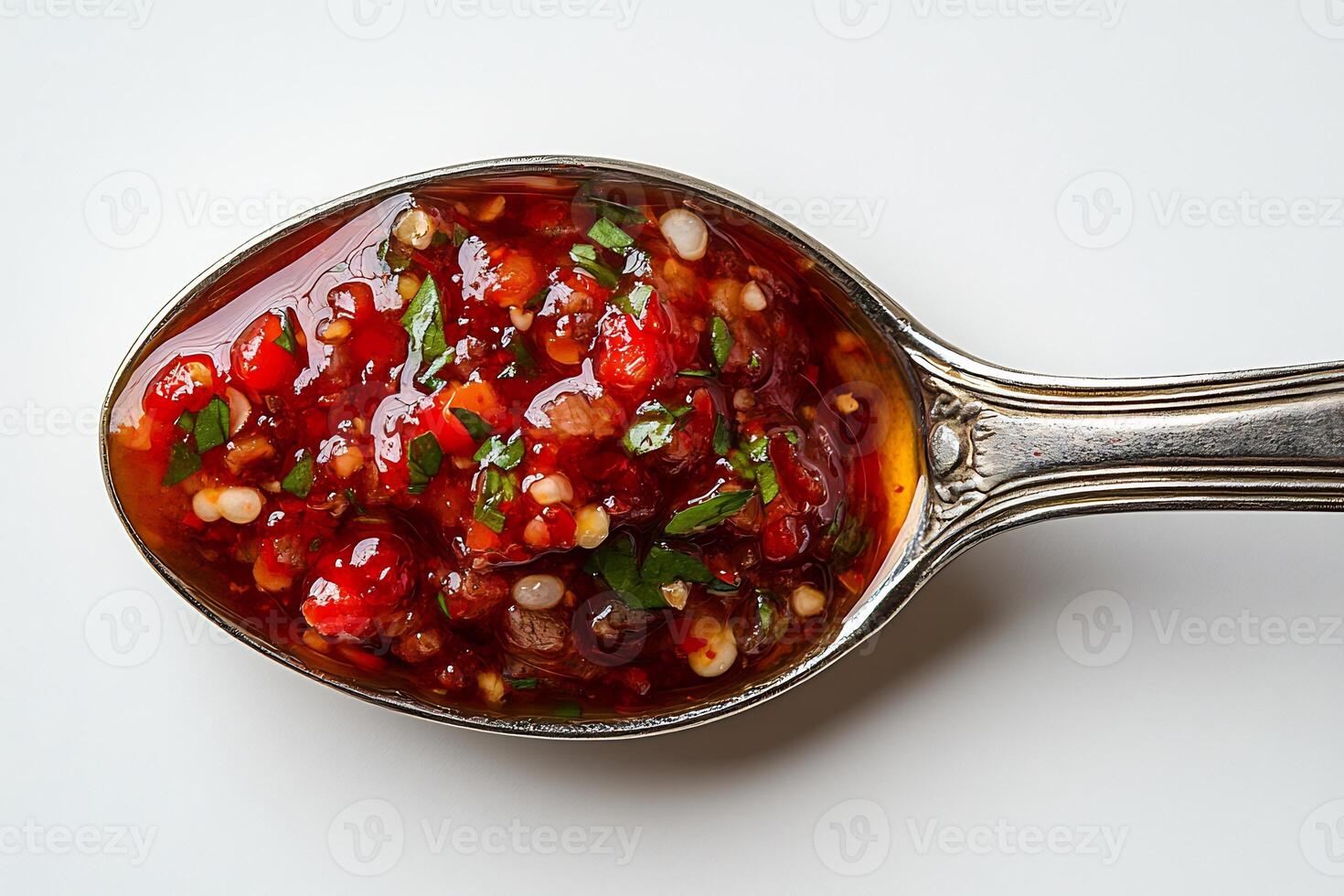 Closeup of a spoonful of hot chili sauce placed on a pristine white background bold and fiery photo