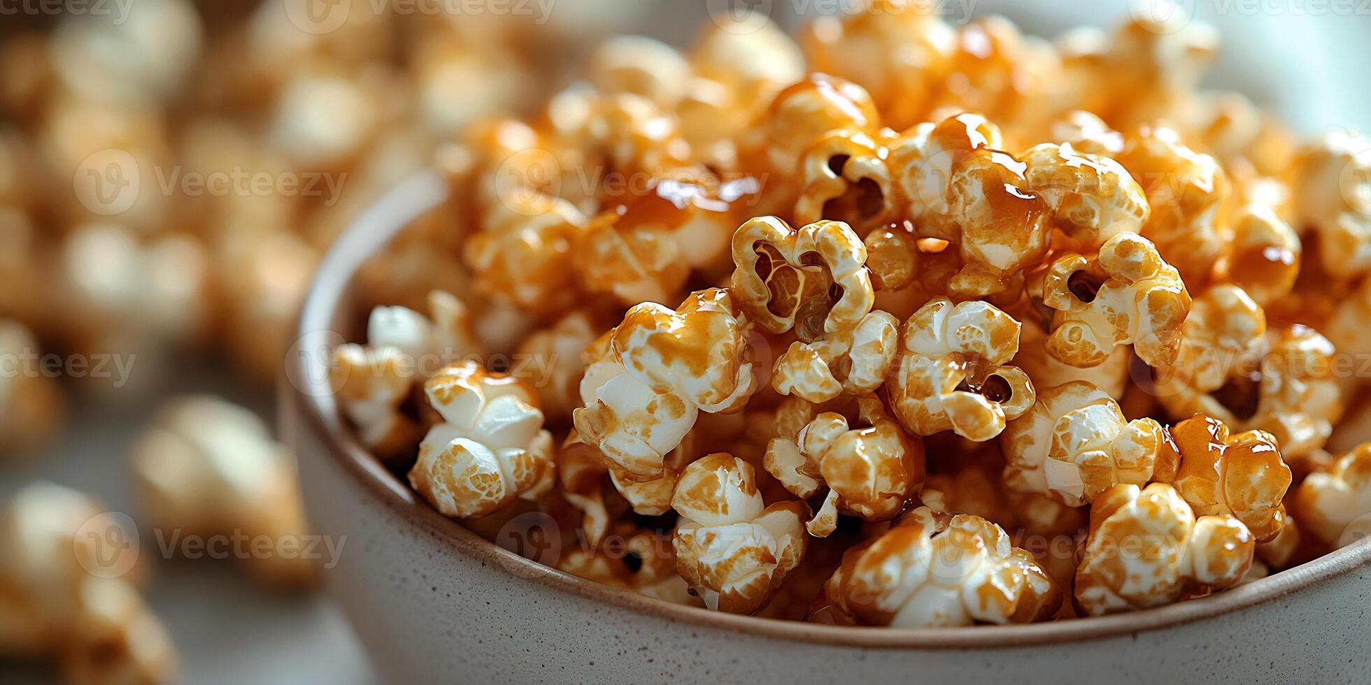 Closeup of caramel popcorn in a heap on a white background golden and glossy photo